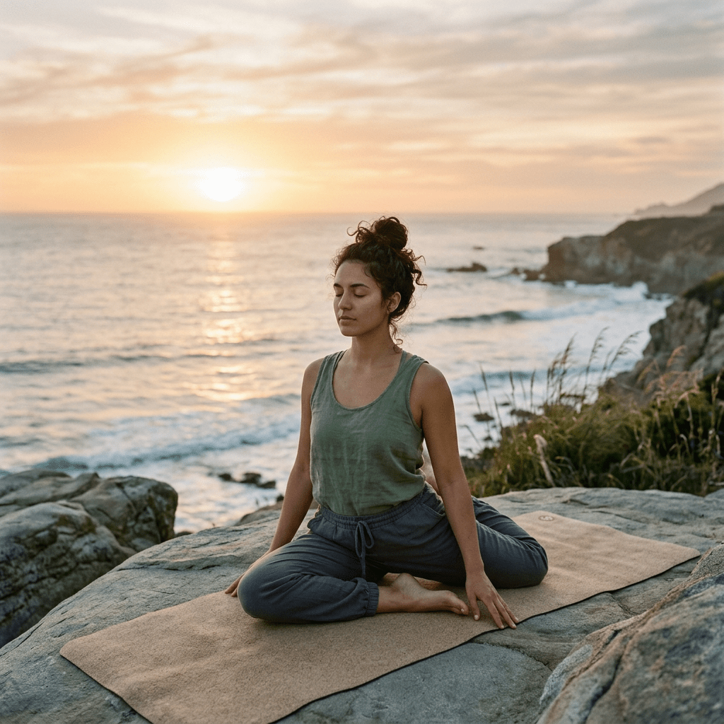Woman meditating on a yoga mat on a rocky cliff at sunset by the ocean